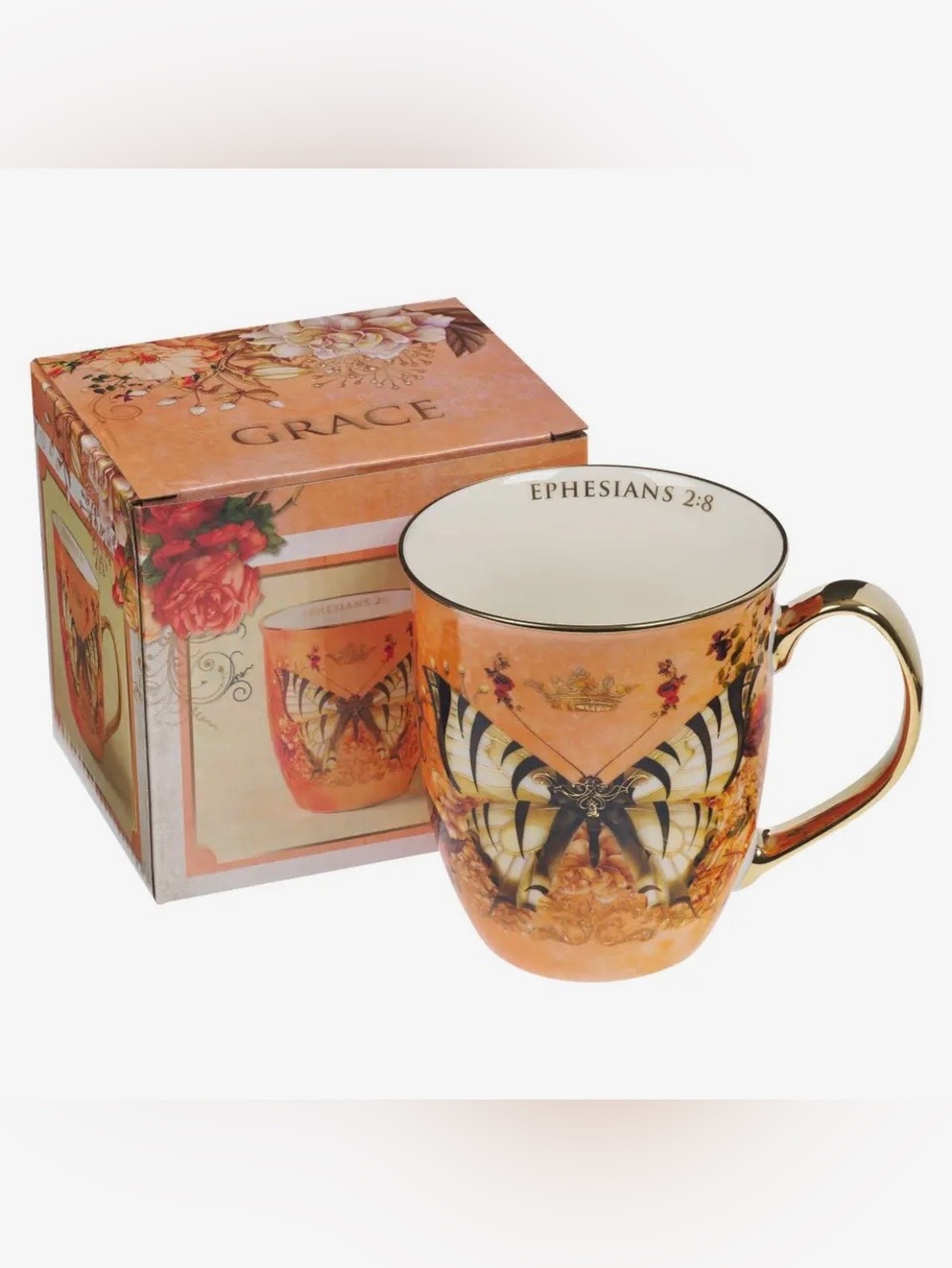 1272. Grace Orange Butterfly Mug with Gold Accents